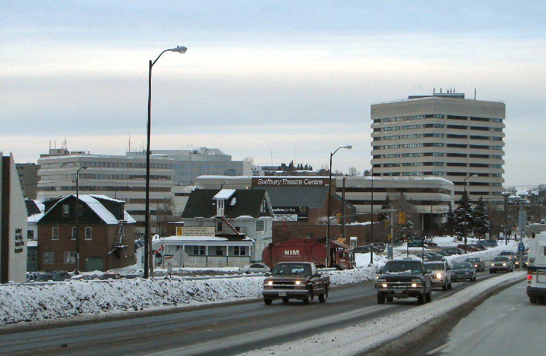 An archival winter view of the downtown Sudbury skyline in Ontario