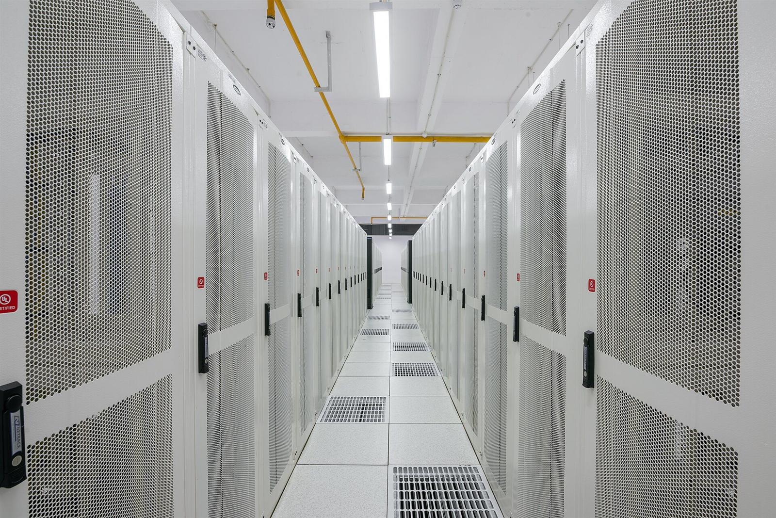 Rows of server racks at the Amravati data centre in India